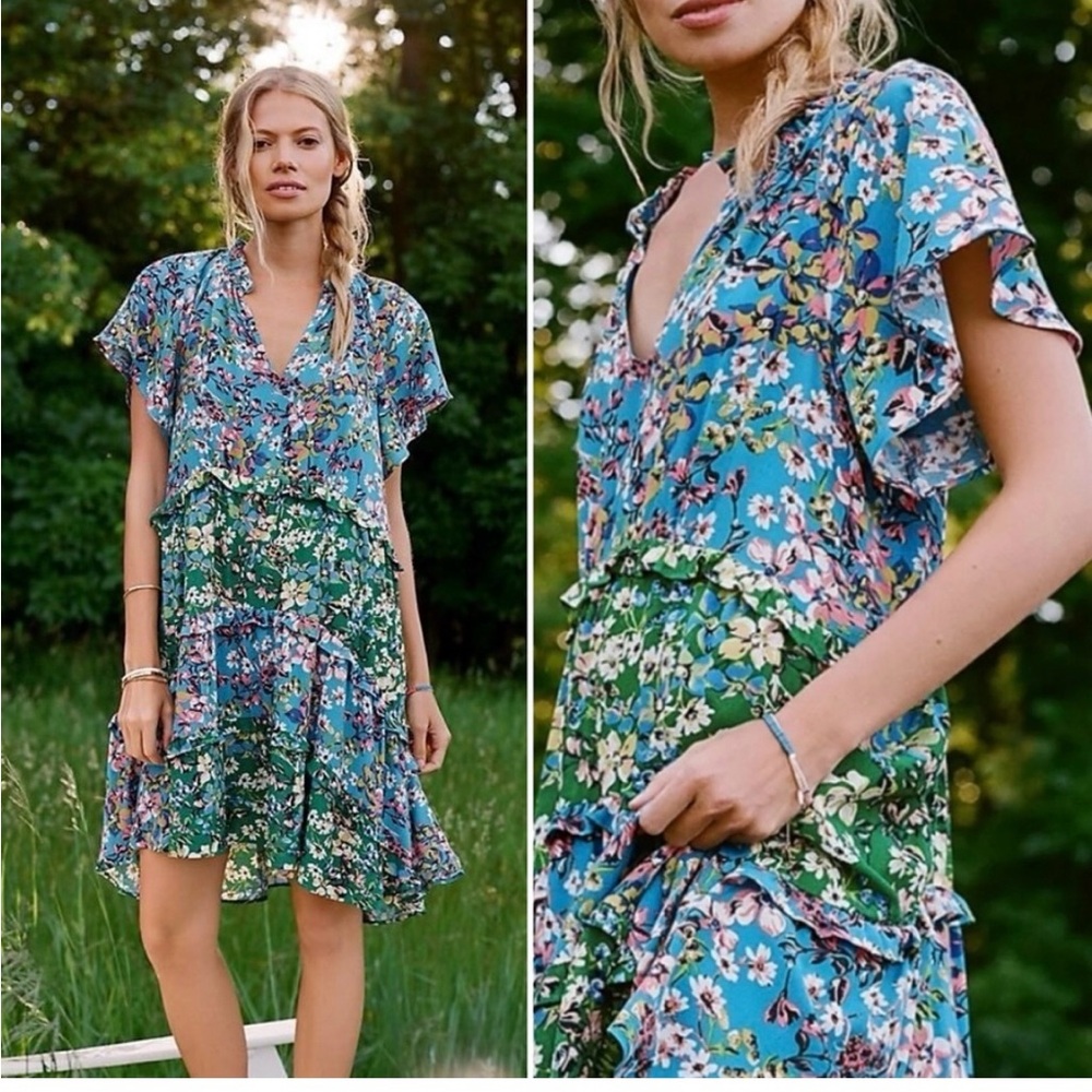 Anthropologie Floral V-Neck Dress in Blue and Green